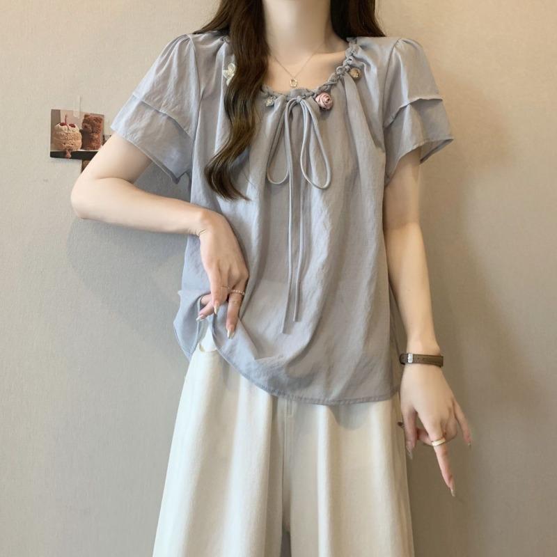 Women's Three-dimensional Flower T-shirt Loose Round Neck Bow Tie Design Ladies T-shirts Summer Daily Comfortable Famale Pullover Top