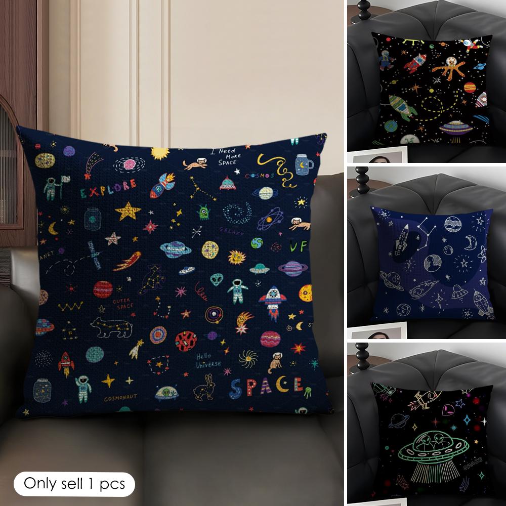 Cartoon Astronaut Raket Kussenhoes Natuurlijk Linnen Biologische Stof Dubbelzijdige Bedrukking Bank Woondecoratie Cadeau Kussensloop
