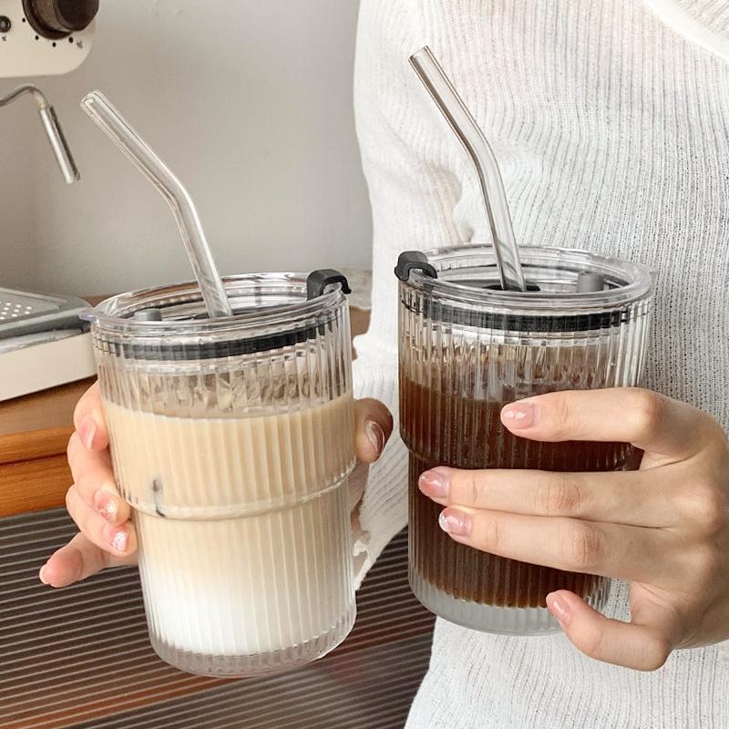 450ml Glass Cup Tumbler Cute Coffee Matcha Tea Cup With Straw Lid Cold Juice Fruit Mug Home Kitchen Office Glass Drinking Water