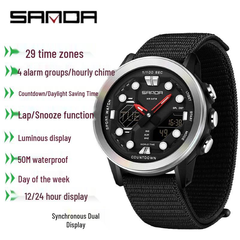 SANDA Multifunction Waterproof Digital Watch with Fluorescent Display, 29 Time Zones, Daylight Saving, 4 Alarms, Student-Friendly