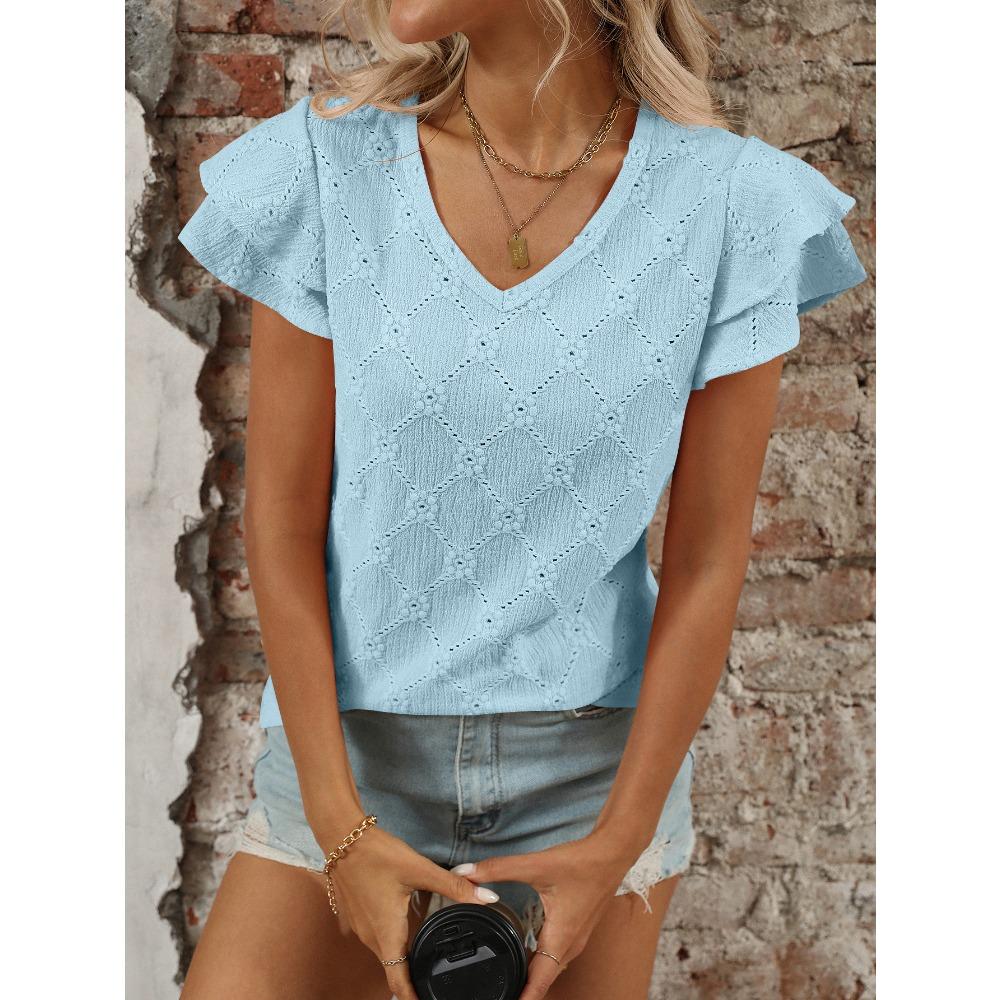 Frisches Sommer Damen Einfarbiges V-Ausschnitt Süßes Kurzarm T-Shirt Ausgehöhltes Top