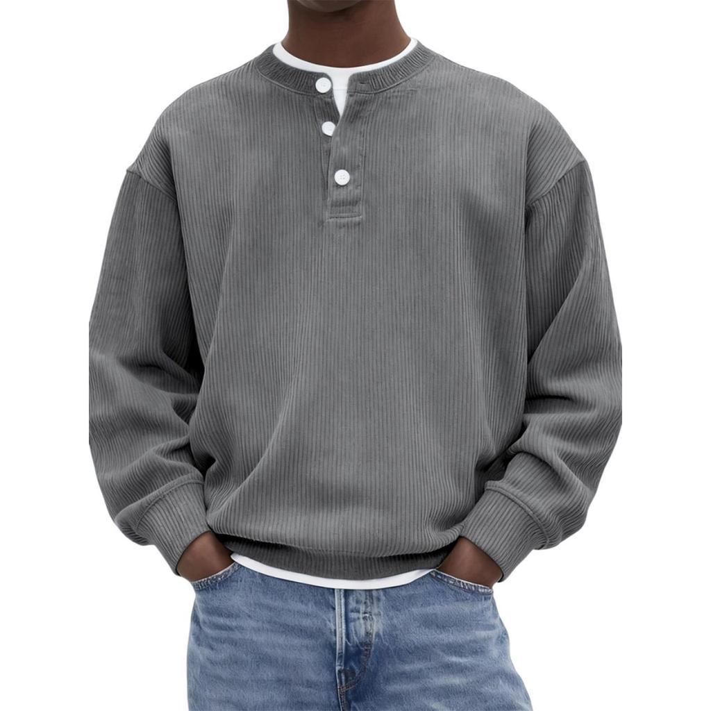 Herren lässiger und trendiger lockerer Pullover, Herren Rundhals Knopfleiste einfarbig Cord Langarm Sweatshirt