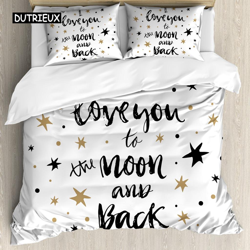 I Love You Duvet Cover Hand Drawn I Love You To The Moon and Back Words with Stars Celebration King Size Polyester Bedding Set