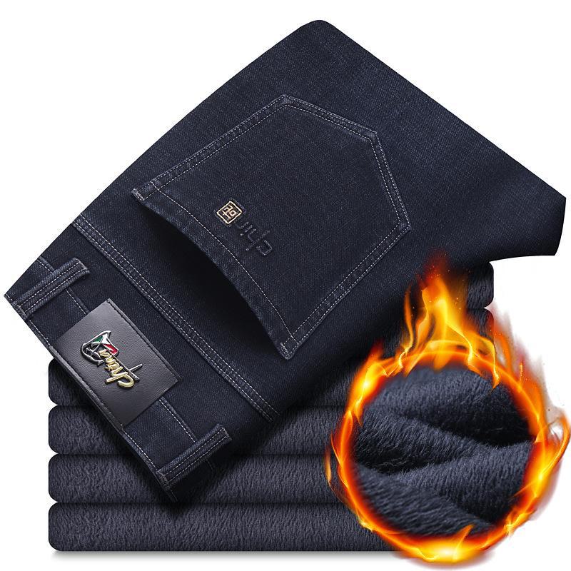 

Мужские зимние джинсы 2024 года из утолщенного бархата — высокая талия, прямые штаны, большой размер, эластичные повседневные брюки 36 yards черный серый