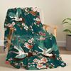 Japanese Crane & Floral Print Throw Blanket - Vintage Japandi Pattern Soft Lightweight Accent for Sofa Bed Travel Office