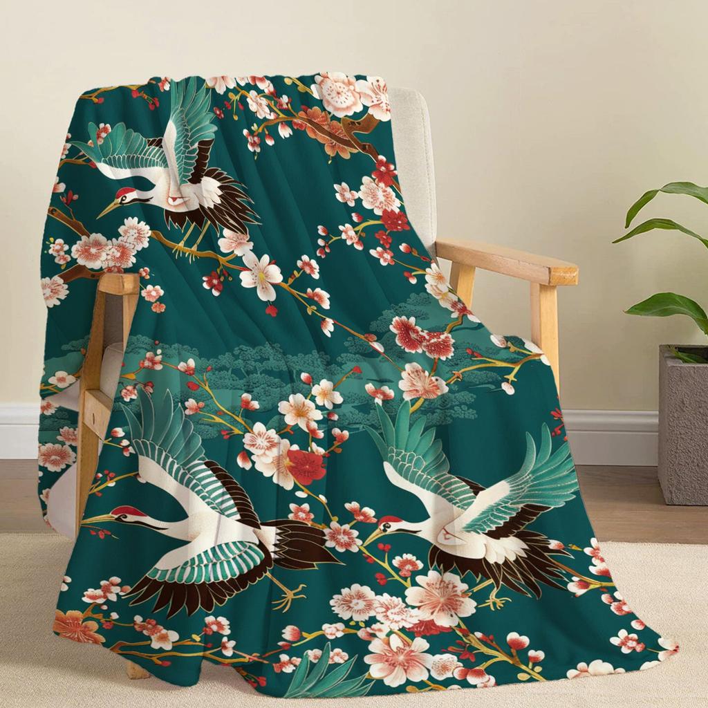 Japanese Crane & Floral Print Throw Blanket - Vintage Japandi Pattern Soft Lightweight Accent for Sofa Bed Travel Office