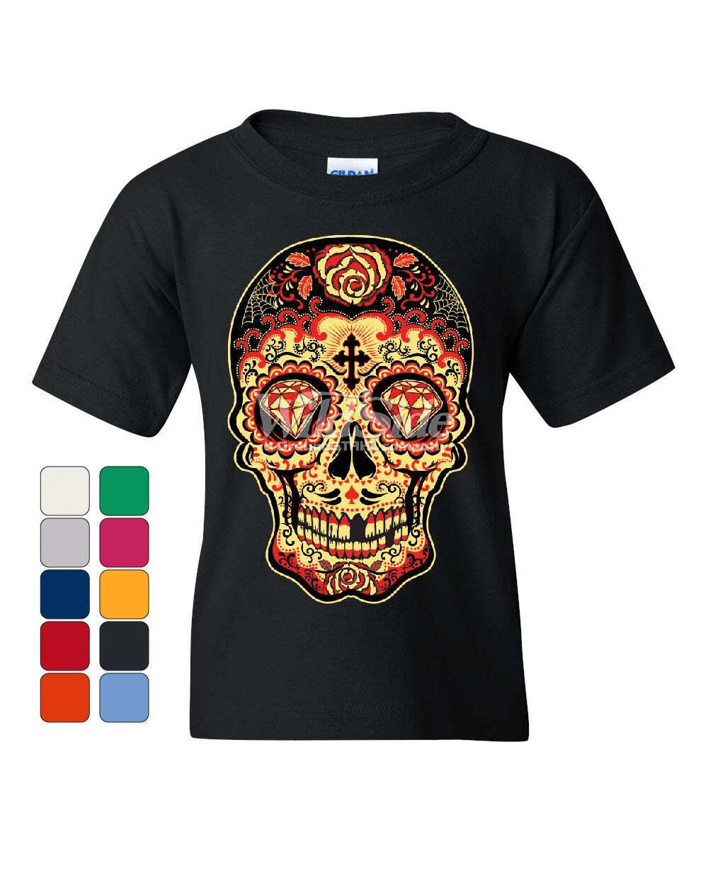 Day of The Dead Sugar Skull Youth kids boys T-Shirt Gold Calavera Dia de Muertos Kids Tee 130
