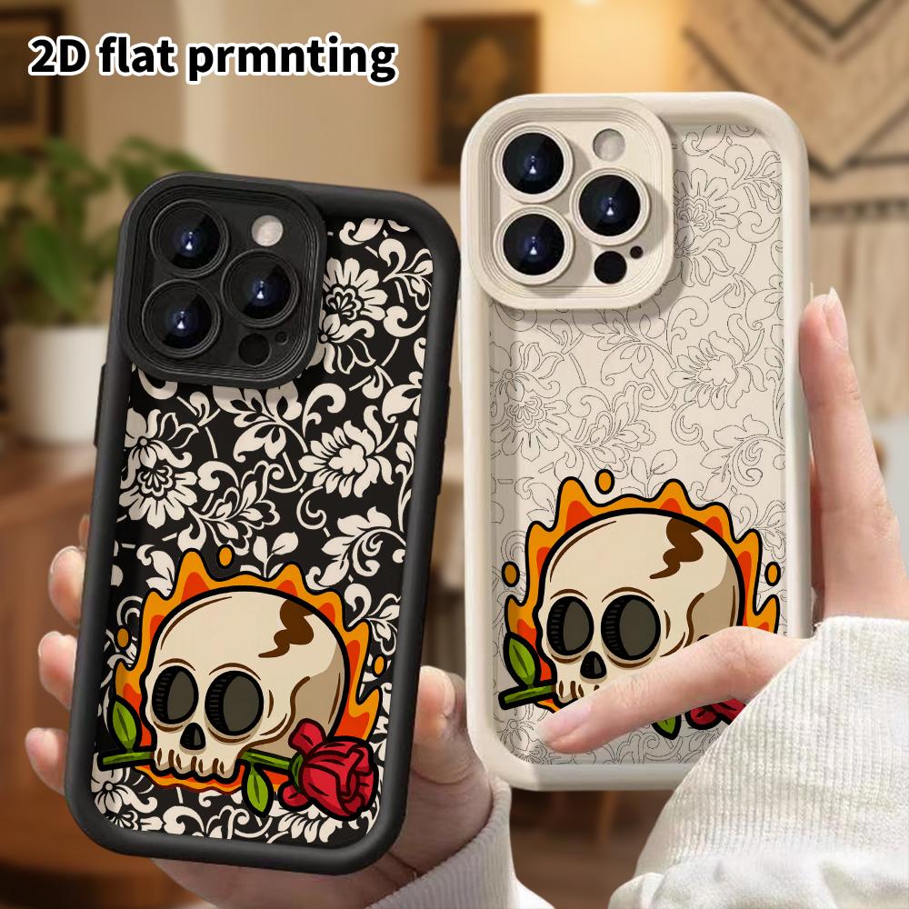 Phone Case: 2D Flat Design Suitable for iPhone 18 17 16 15 14 13 Pro Protective Case, Unisex, Rose Skull, Christmas and Halloween Gift