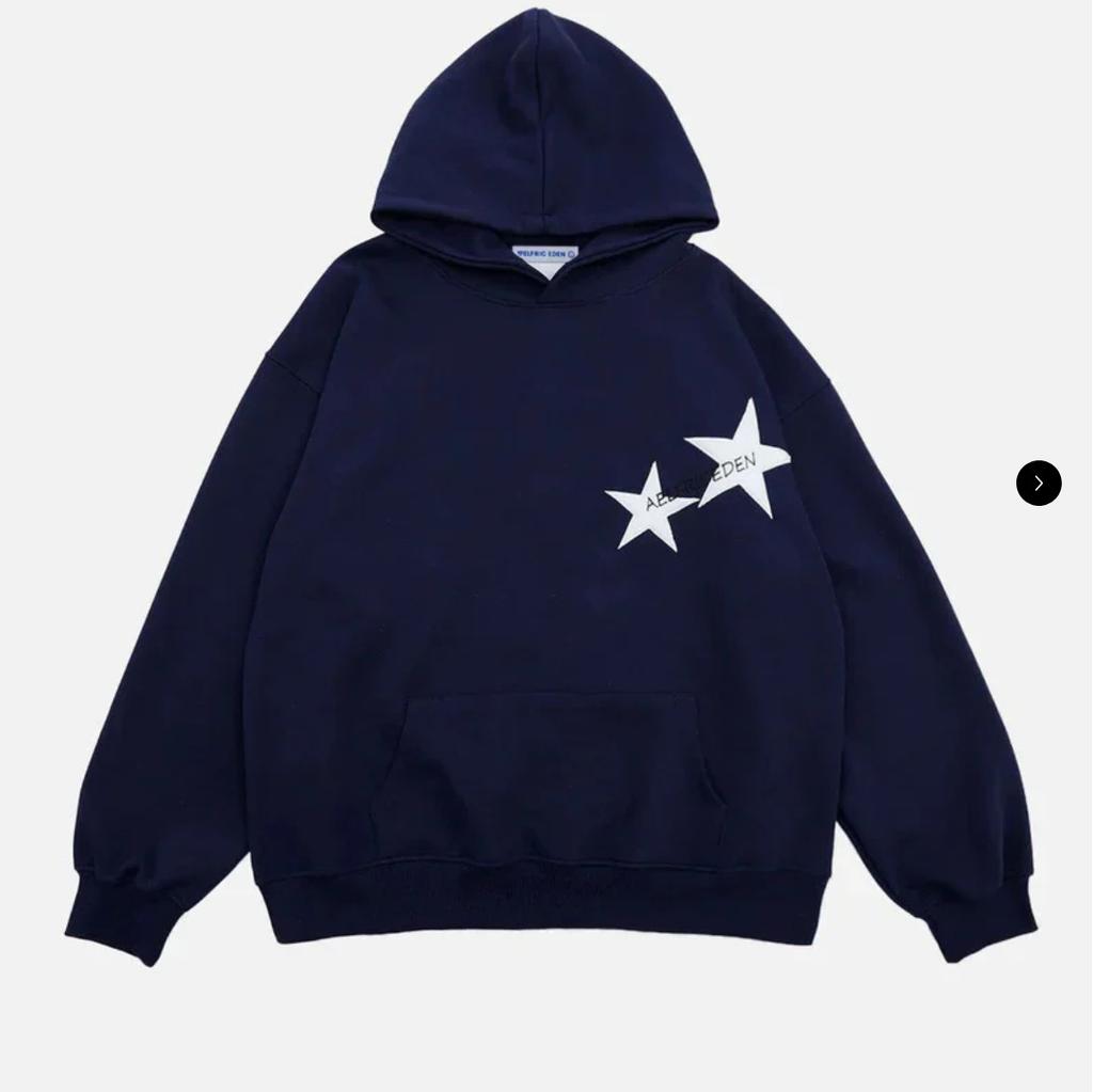 American trendy brand star print men's and women's hooded sweater oversize couple's top, with hat rope