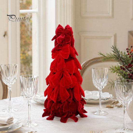 Desktop Christmas Tree Ornament Velvet Bow Decoration, Shaped Soft Fabric Tabletop for Fireplace Dining Table Window Holiday Decor