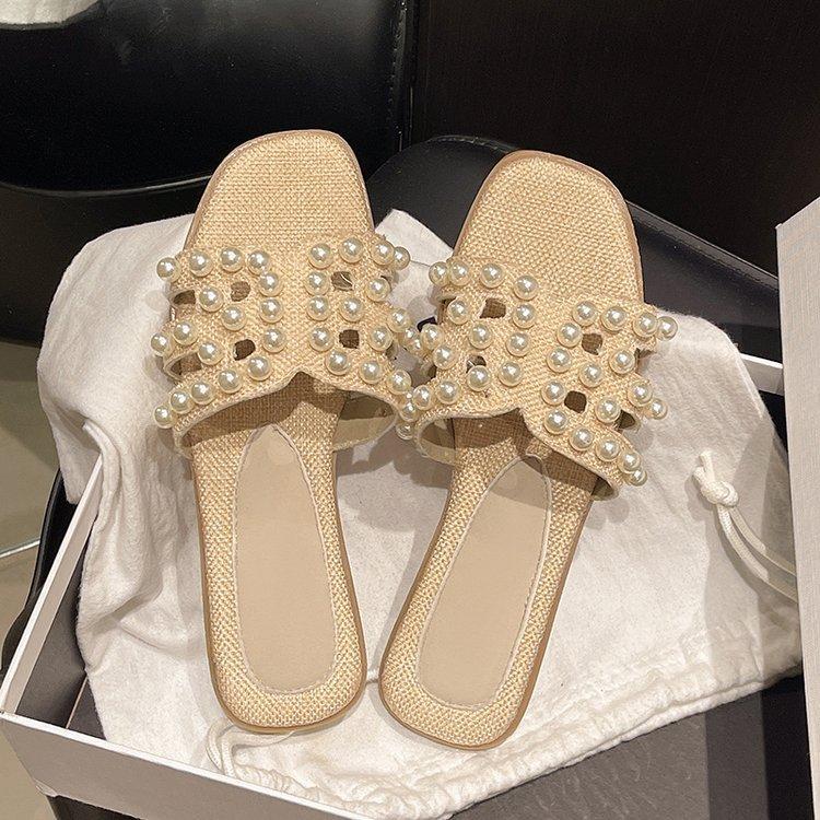 

[youshilai] Pearl shell straw-woven one-word slippers summer new versatile lazy beach cool slippers women 40
