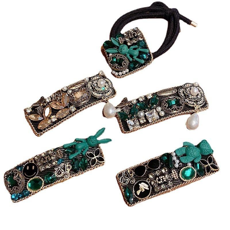 Retro Grün Schwerindustrie Strass Haarspange Herbst und Winter Kleiner Duftiger Stil Mode BB Clip Haaraccessoires Damen