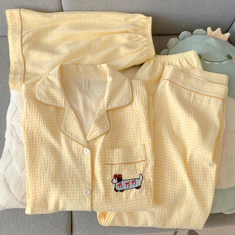 

Жіночий літній бавовняний піжамний комплект Blue Bear - з коротким рукавом, милий мультяшний дизайн, три предмети для дому. L (100-120 Jin)