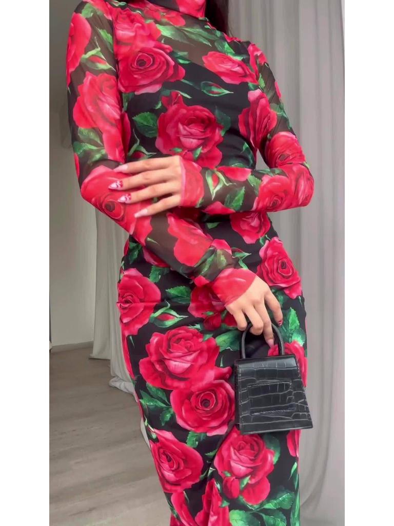 2025 Autumn European Floral Midi Dress In Picture Color