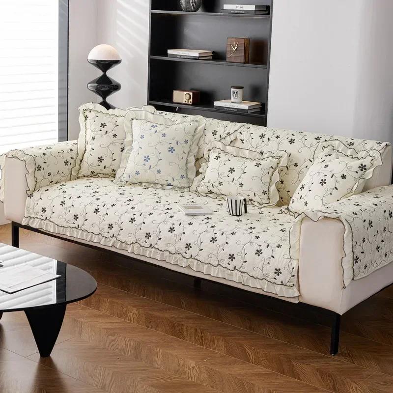Cotton Sofa Cover with Ruffled Edges Floral Fresh Style Non-slip Sofa Cushion Four Season Universal Couch Protector Sofa Towel