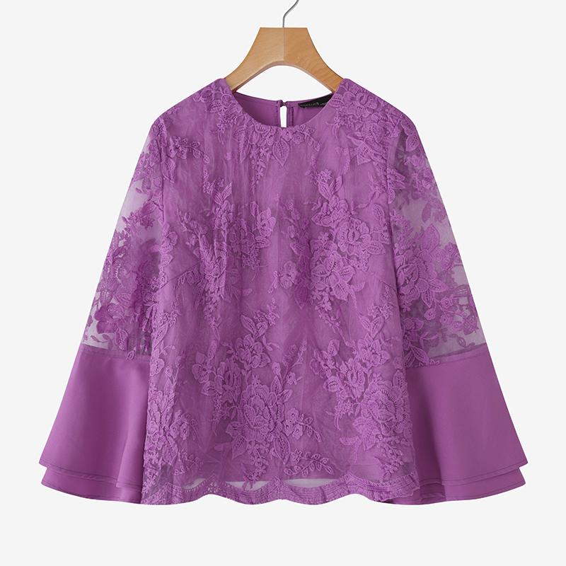 

ZANZEA Женская повседневная блузка с круглым вырезом, свободного кроя, с кружевной отделкой и рукавами 3/4 S фиолетовый