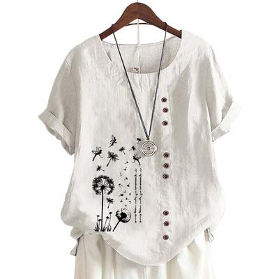 Women's Casual Cotton Short Sleeve Top with 11 Colorful Floral Prints and Round Neck