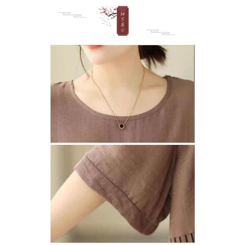 Ice Silk Cotton Linen Loose Slim Striped T-shirt for Women Summer Thin Button Splicing Short-sleeved Top