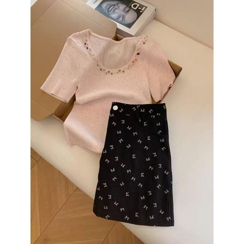 

Pink big u neckline knitted short-sleeved t-shirt small short slim-fit flying-sleeved design top L