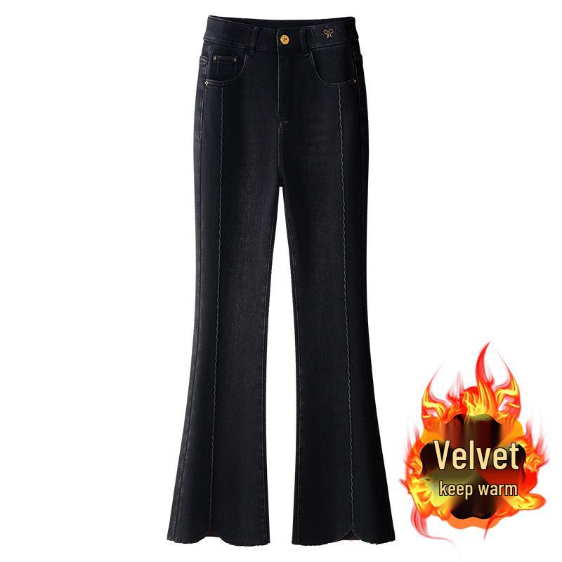 Women's Petite High-Waist Blue Micro-Flared Velvet Jeans - 2024 Autumn/Winter Collection