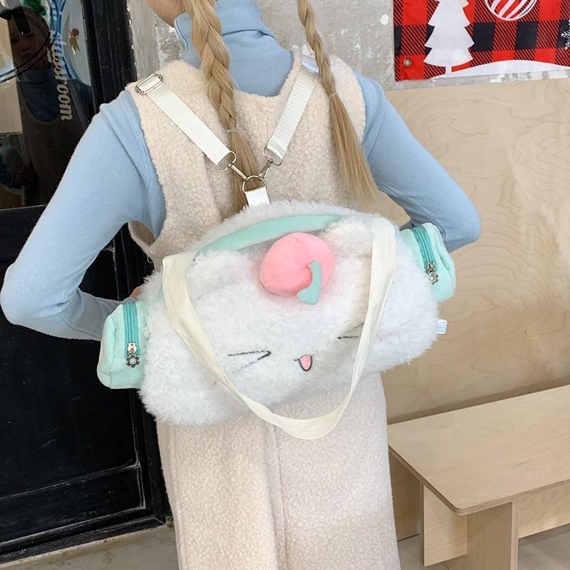 Cat Headphones Cute Plush Backpack With Peach Decoration For Casual Daily Use