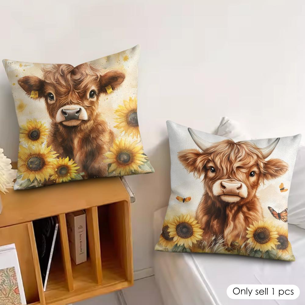 Cute Highland Cattle Cushion Cover Soft Plush Fabric DoubleSided Printed Cushion Covers for All Seasons Modern HomeDecor Gift