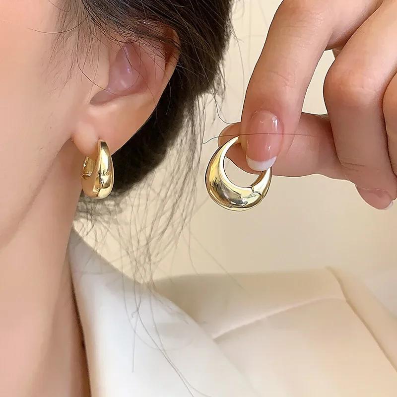 Fashion Stainless Steel Smooth Metal Chunky Hoop Earrings for Women Vintage Round Circle Drop Earrings Trendy Party Jewelry