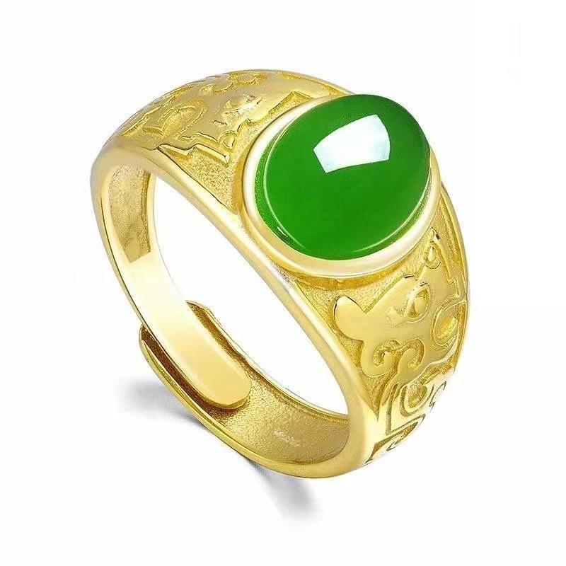 

Men s Gold Signet Ring with Green Jade Crushed Stone, Adjustable Retro Gemstone Design
