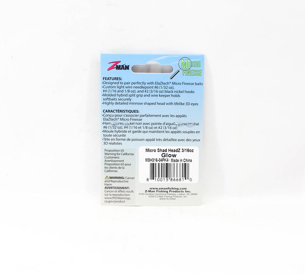 Zman Jighead Micro Shad HeadZ 3/16 Oz Size 2 4/pack Glow (6810)