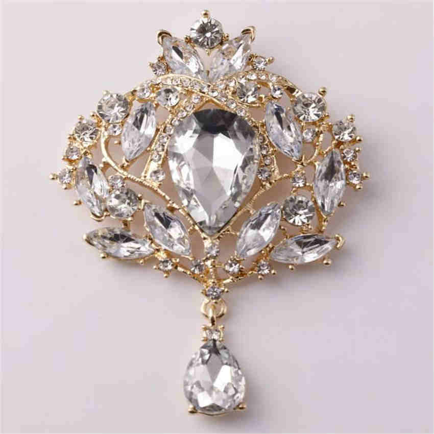 Fashion Females Glass Teardrop Pendant Gorgeous Flower Shape Large Drop Brooch Pin