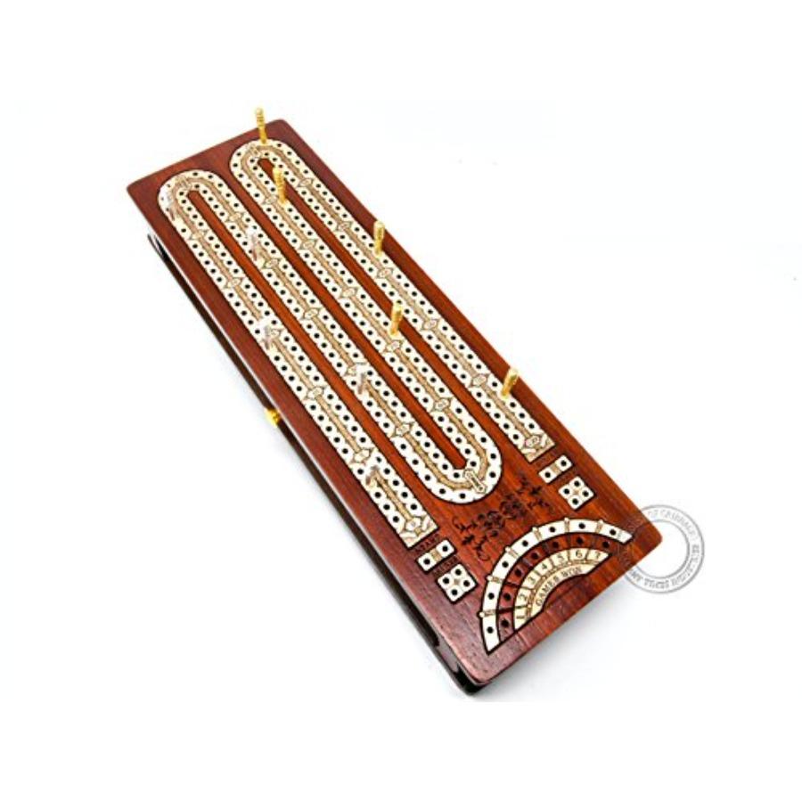 

Continuous Cribbage Board Box Inlaid in Bloodwood Maple with 2 Tracks and Sliding Lid Featuring Score Marking Fields for Skunks United States