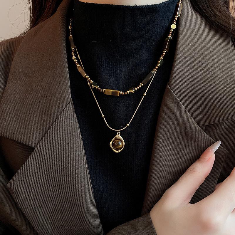 Maillard Tiger Eye Oval Necklace for Women - Light Luxury Autumn/Winter Clavicle Chain Fashion High-End Jewelry