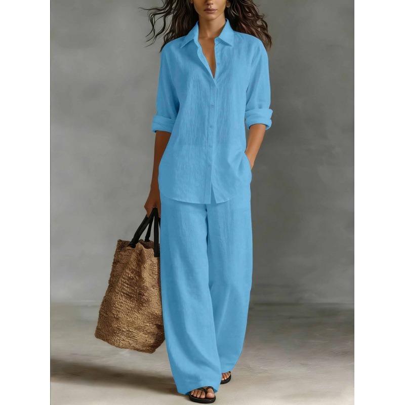 Fashion Linen Shirt Long Sleeved Women's Set Spring Autumn Loose Wide Leg Trousers Female Office Set
