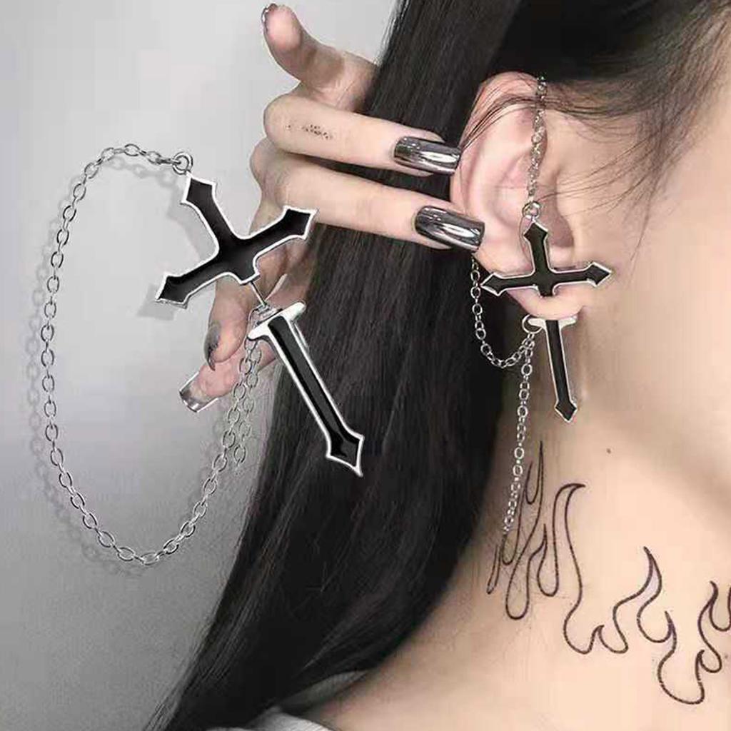 Fashionable, Indifferent, Wind Harbor, Drip Oil, Cool And Handsome Bounce, Exaggerated Cross, Chain Piercing, Ear Nails,  Earrings