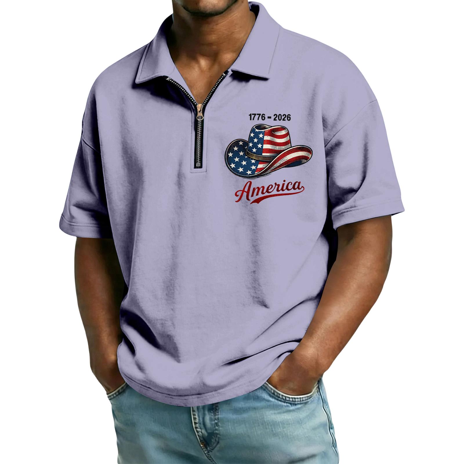 

Men s Casual Loose Fit Polo Shirt with Flag and Lettering Print Half Zip Collar Short Sleeve Top for Everyday Wear XL