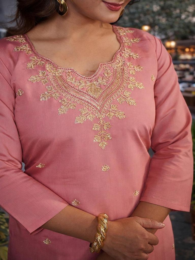 Women Pink Roman Silk Kurta Pant Set | Embroidered 2 Piece Indian Outfit