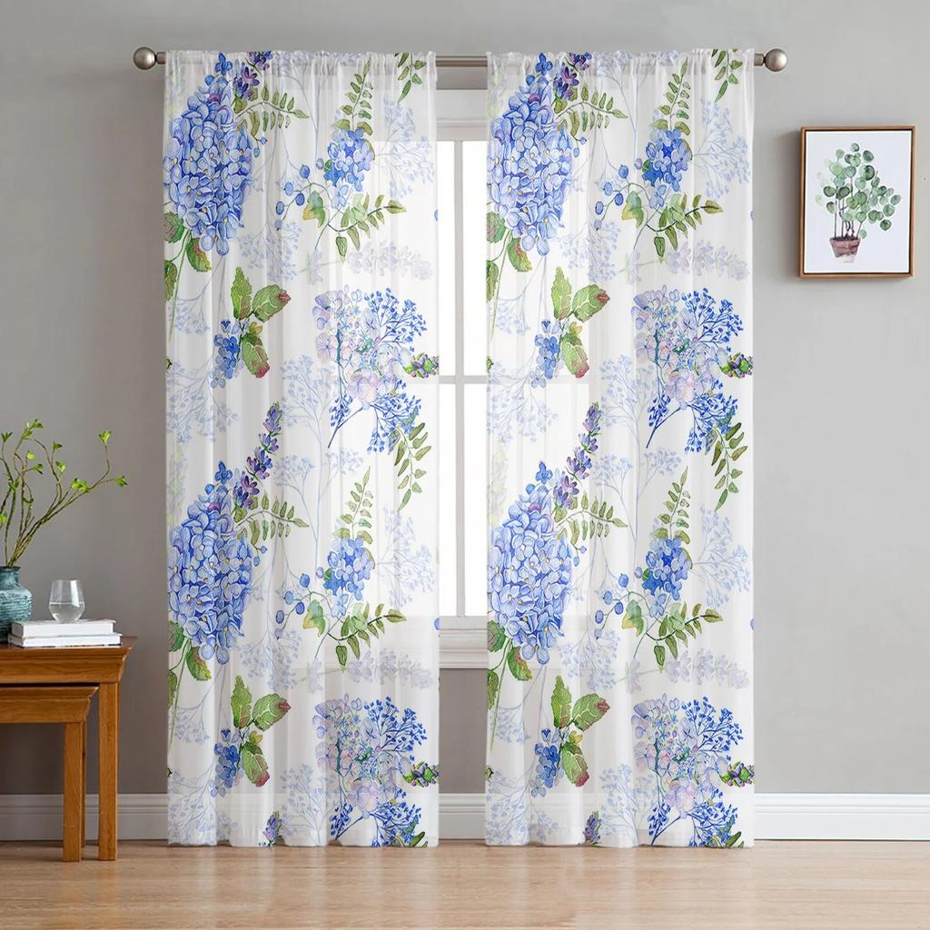 Spring Flowers Hydrangeas Sheer Curtains Transparent Voile Tulle for Bedroom Window Holiday Decoration