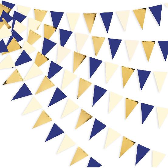 30Ft Navy Blue Gold and Beige Party Decorations Royal Blue Gold Triangle Flag Pennant Banner Bunting for Graduation Birthday Wedding Bridal Shower