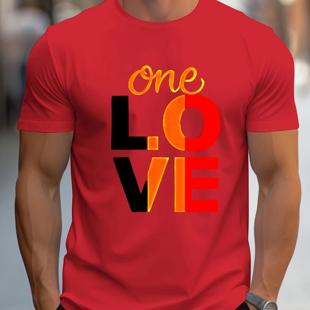 Men Gradient Color Block LOVE Print T-Shirt Breathable Short Sleeve Tee for Gym Running Casual Wear Regular Fit Men Clothing