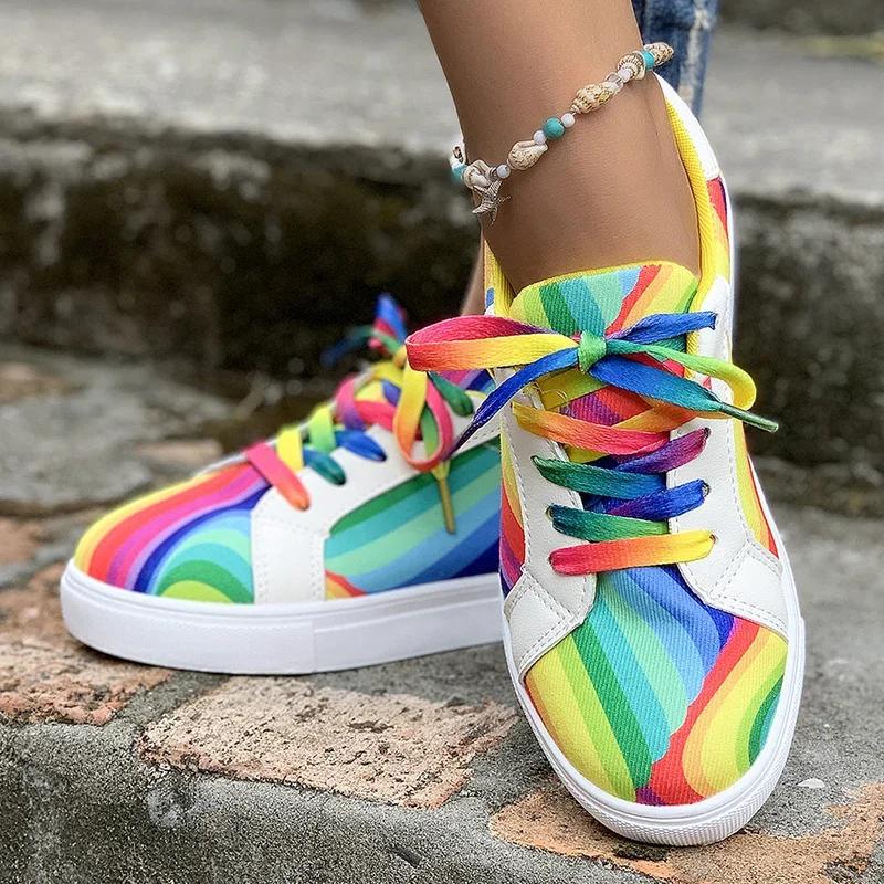 Rainbow Color Lace Up Sneakers Women Casual Non-Slip Platform Vulcanized Shoes Woman 2025 Autumn Flats Running Walking Shoes 43