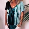 Sommer V-hals 3D Cat Printed Topp Fasjonable Casual Kortermede T-skjorter for kvinner