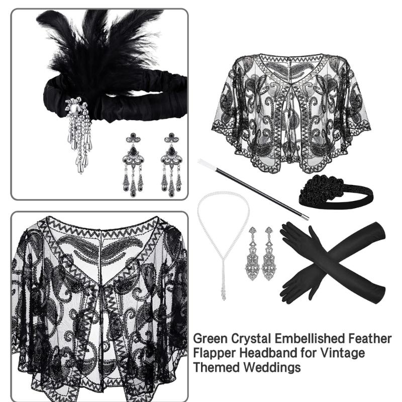 Vintage 1920s Flapper Party Women Costume Accessories Set Feather Headband Necklace Earrings Gloves for Cocktail Party