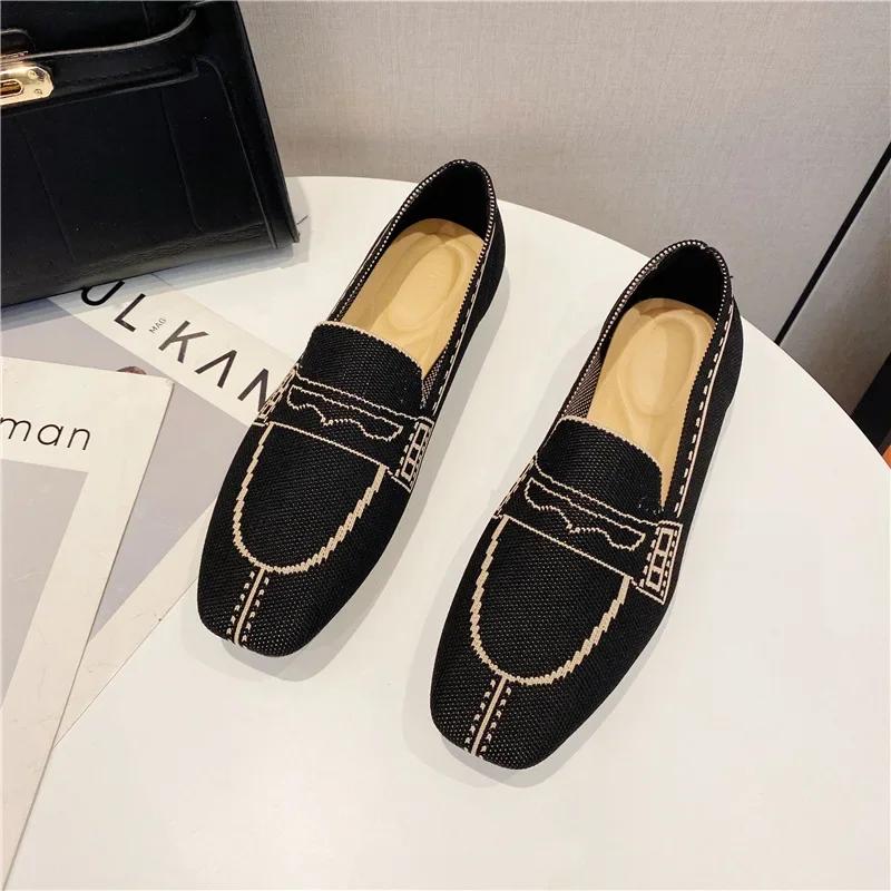 Fashion Autumn Weaving Princess Shoes Fashion Square Toe Casual Ballet Flats Shoes Women's Knitted Flat Bottom Soft Sole Walking Shoes