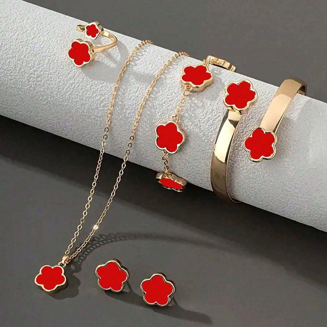 

6PCS Women s Jewelry Set, Fashion Casual Flower Necklace Bracelet Earrings Ring Set, Suitable for Daily Wear and Perfect as Gift красный