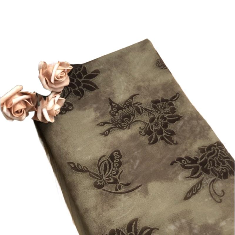 Brown Color Stretchy Spandex Flocking Tulle Mesh Fabric African Jacquard Velvet Fabrics for DIY Sewing Dress Cheongsam