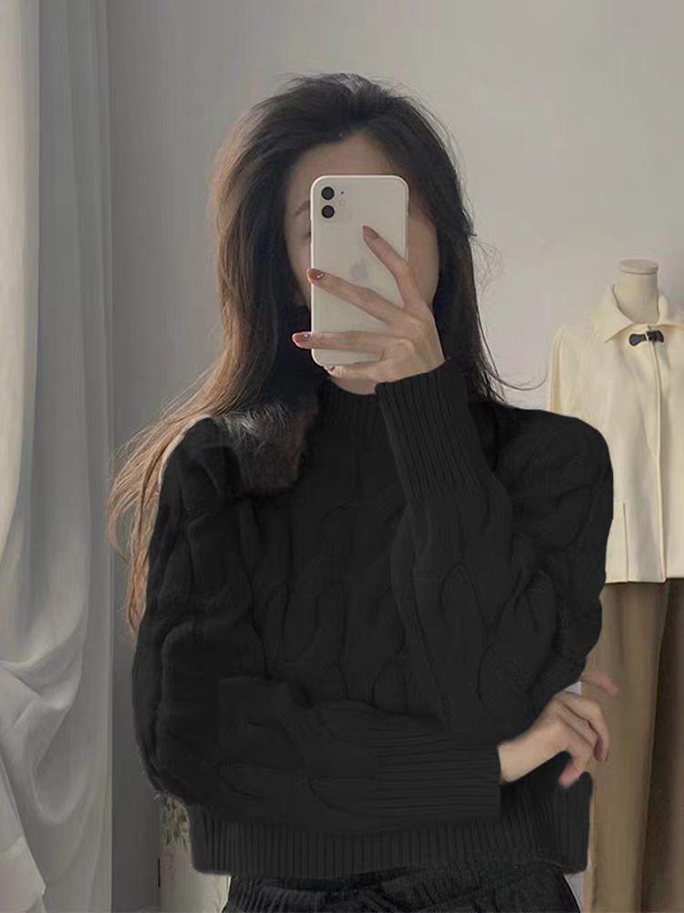 Women's Retro Korean Style 100% Wool Cable Knit Sweater - Petite Short Autumn Winter Top