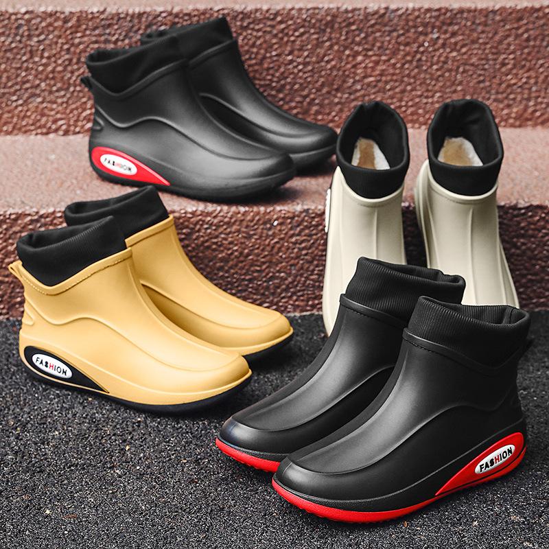Fashion Rain Shoes Ankle Men Waterproof Shoes Rain Boots Low Top Anti-slip Wear-resistant Plush Kitchen Water Boots Fishing Rubber Shoes