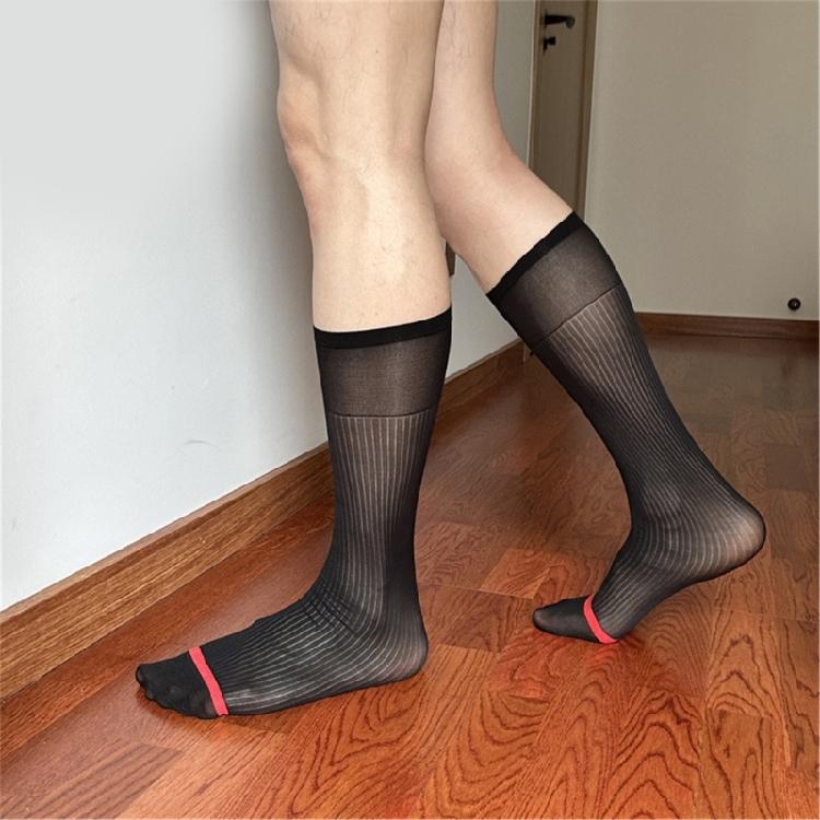 Chaussettes pour homme à rayures contrastées, transparentes, style costume, haute élasticité, confortables, respirantes, ultra fines, au-dessus du mollet, pour le travail