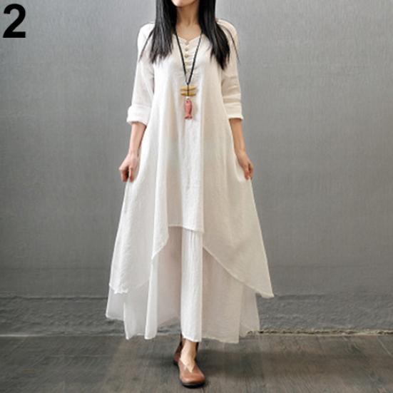 Women Fashion Autumn Casual Rayon Linen Long Sleeve Maxi Dress Kaftan