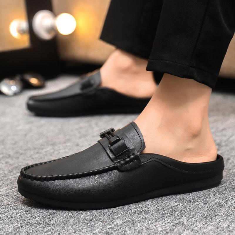 Men's Leather Half Slippers Designer Classic Man Dress Baotou Lazy Shoes Slip-on Breathable Casual Shoes Loafers Zapatos